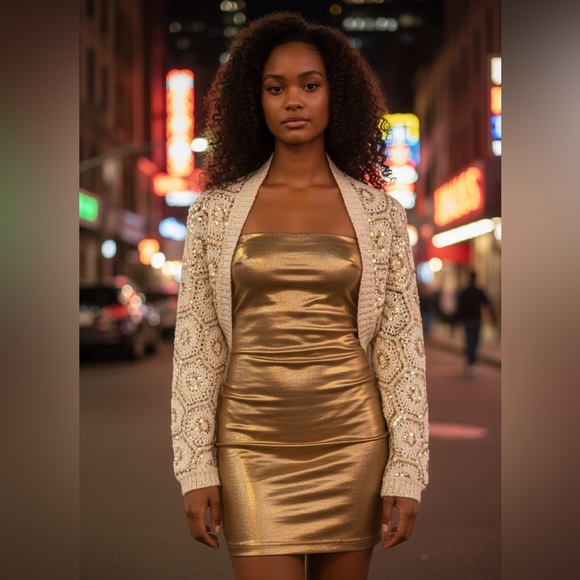 LN White House Black Market Cropped Embroidered Knit Sequin Open Cardigan Y2K - Picture 9 of 16